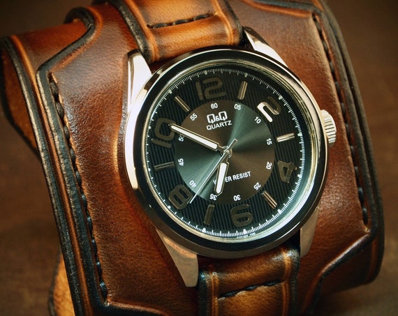 Brown Leather cuff watch : Tobacco sunburst Super wide layered watch band. Handmade in USA