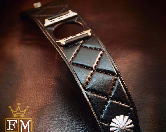 Apple watch Leather Cuff Watchband black Harlequin diamonds quilted Bracelet made for YOU in USA by Freddie Matara