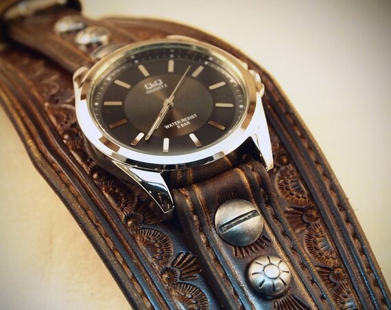 Leather cuff Watch Vintage western stamped style watchband - Made for YOU in New York by Freddie Matara