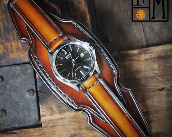 Leather cuff watch western sunburst layered Brown watch band cuff Bracelet Handmade for YOU in USA by Freddie Matara