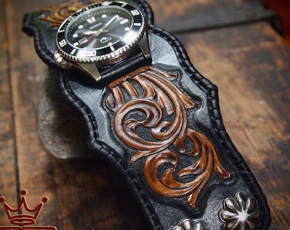 Mens Leather Cuff Watch- Black Traditional Scrollwork with Casio Diver- Rockstar Quality Bracelet made for YOU in NY by Freddie Matara