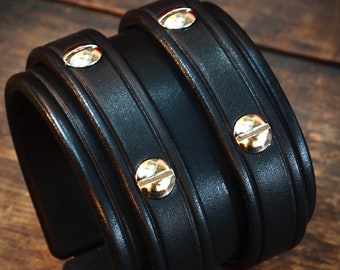 Black studded Leather cuff Bracelet : Luxurious Bridle leather Double strap wristband. Made in USA Using Refined techniques!