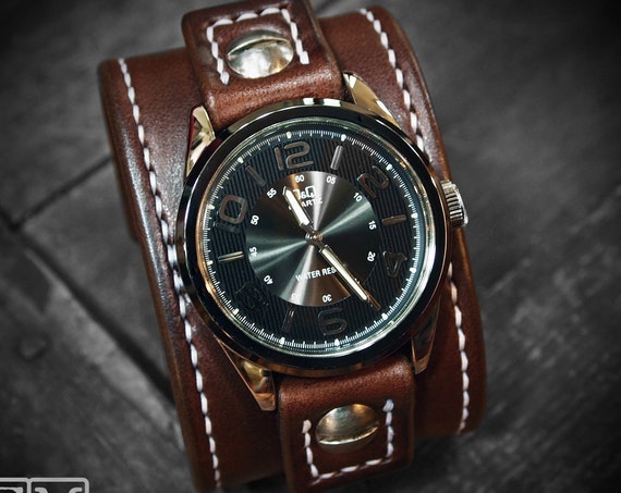 Leather cuff Watch Vintage Chocolate brown bridle leather watchband - handstitched leather watch band Made for YOU in USA by Freddie Matara