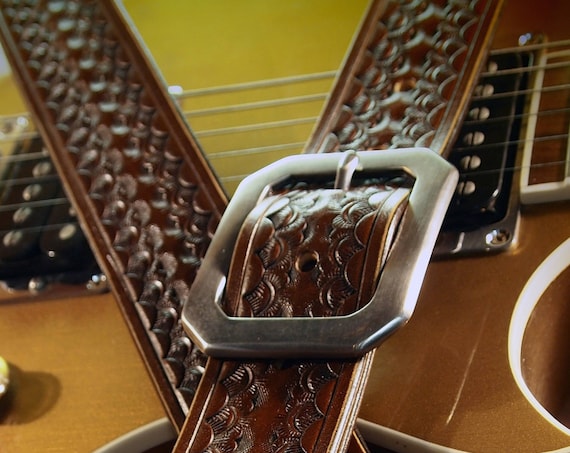 Brown Leather Guitar Strap : Hand Tooled and stamped by hand. Competely Handmade for YOU in New York!