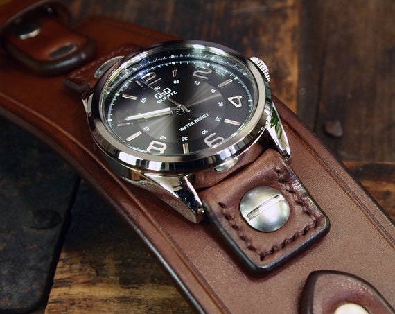 Brown Leather cuff Watch : Vintage style American bridle leather wristband, watchband, wrist watch. Hand made in NY!