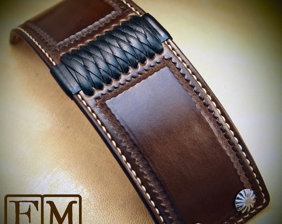Brown Leather cuff Bracelet American Western Saddle wristband Handstitched Braided Stamped Handcrafted for YOU in USA by Freddie Matara!