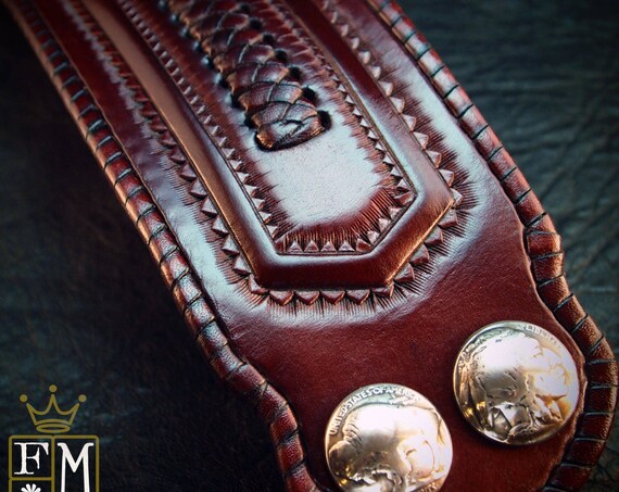 Leather cuff wristband Native Western style hand tooled with kangaroo lace and Buffalo nickels handmade for YOU in USA by Freddie Matara