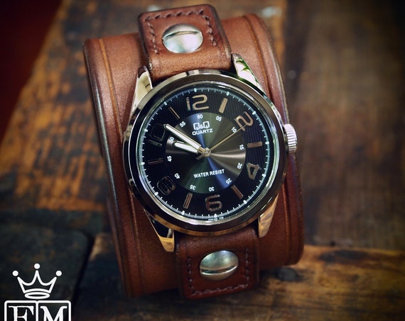 Leather cuff Watch Vintage Brown bridle leather wristband watchband, wrist watch made for YOU in USA by Freddie Matara