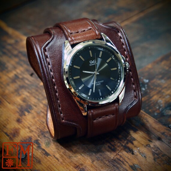 Brown Leather cuff watch Wrist watch vintage style wide layered fine veg-tan leather made for YOU in USA by Freddie Matara!