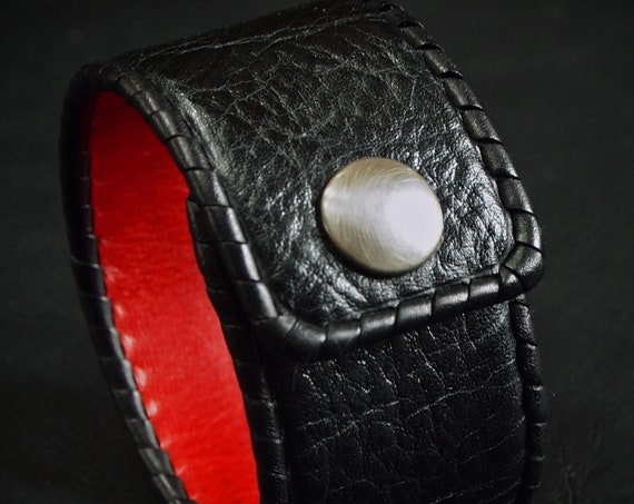 Black Leather cuff bracelet : Red soft leather lining and Black cowhide. Hand Laced, made in New York!