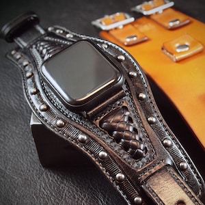 Black Leather Apple watch Watchband Ultra: Elevated Leather Art hand made ROCKSTAR watch Bracelet. Hand made in New York