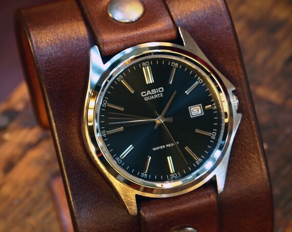 Brown Leather cuff watch : Veg-tan leather Unisex vintage style watch! Handmade in New York USA