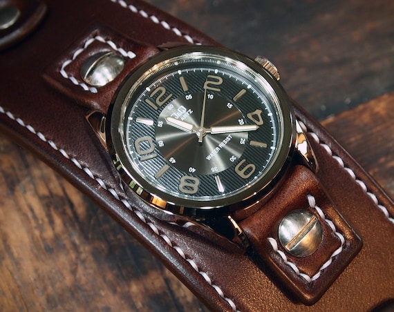 Leather cuff Watch Vintage Chocolate brown bridle leather watchband - handstitched leather watch band Made for YOU in USA by Freddie Matara