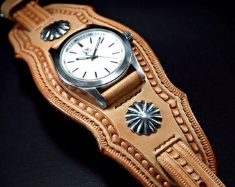 Leather cuff Watch: Vintage Native/Western style Hand tooled and Handstitched watch band!