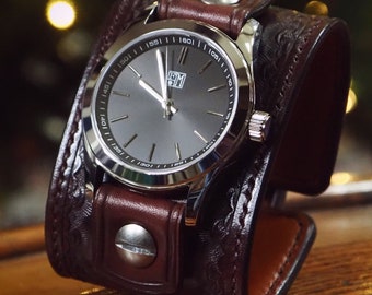 Leather cuff Watch: Brown Vintage Hand tooled and Handstitched watch band!