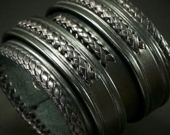 Braided Black Leather Cuff: Kangaroo Lace, Bridle Leather