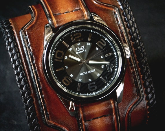 Leather cuff watch Tobacco sunburst wide layered laced edge Brown watch band cuff Bracelet Handmade for YOU in New York by Freddie Matara