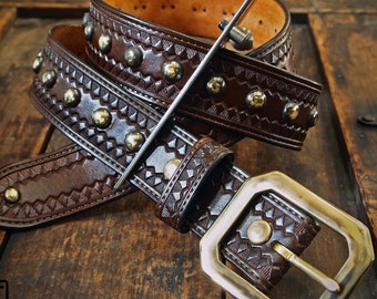 Brown Leather Studded Belt: Hand Tooled Vintage Style Modern