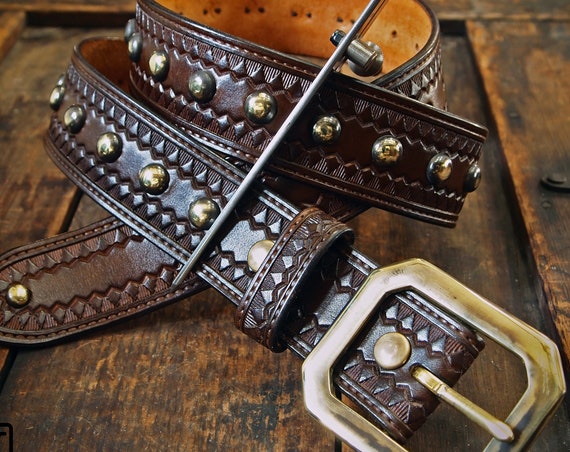 Brown Leather studded Belt: Hand Tooled Vintage style Modern western. Custom made in NewYork!