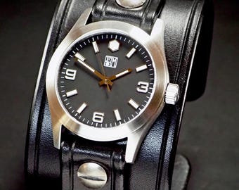 Wide Black Italian Leather Cuff Watch: Handmade Vintage Style