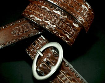 Handmade Walnut Cochise Leather Guitar Strap: Tooled & Stamped