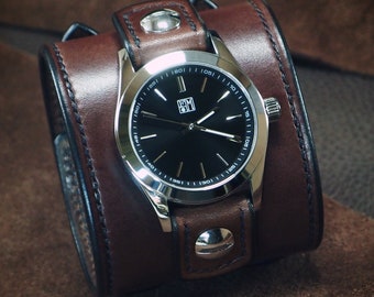 Brown Leather cuff Watch : double buckle Vintage style handstitched bridle leather Old school wrist watch! Hand made in New York USA