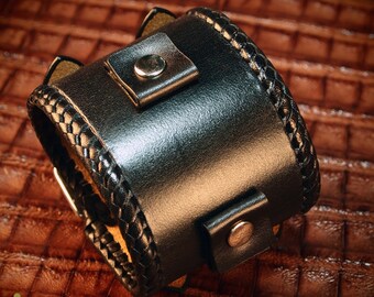 Black Leather Cuff Bracelet: Braided Wristband, Watchband Style