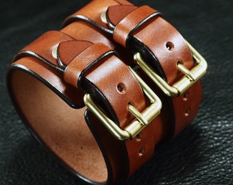 Pecan brown Leather cuff bracelet : Double strap Rich brown bridle Leather. Fine craftsmanship Made in New York