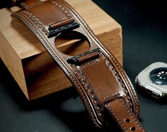 Leather Apple Watch Band: Vintage Walnut western stamped