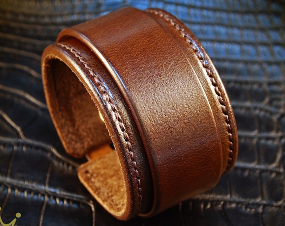 Brown Leather wristband : Cuff Bracelet hand stitched suede lined custom crafted for You in USA
