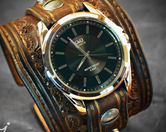 Leather cuff Watch Vintage western stamped style watchband - Made for YOU in New York by Freddie Matara