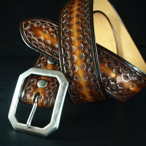 Brown Leather Belt : Custom Sunburst finish. Hand Tooled and made just for YOU in New York!