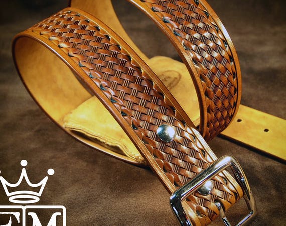 Tan leather belt : Brown Tooled basket weave with waved border. Polished nickel buckle 1-3/4" wide. Handmade in USA!