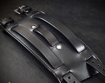 Black Leather Cuff Bracelet: Handmade Bridle Leather Wristband
