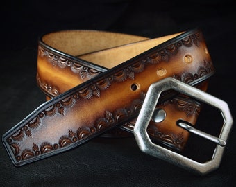 Brown Leather Belt : Hand Tooled Cowboy/Western/Native border. Custom made for YOU!