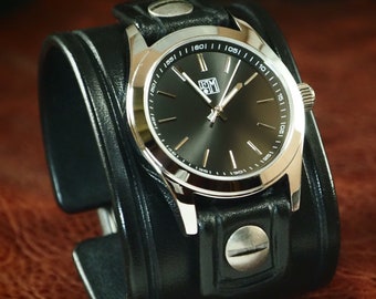 Black Leather cuff Watch : Vintage style Black bridle leather Wide wrist watch! Hand made in New York!