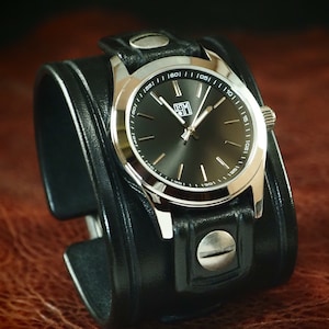 Black Leather cuff Watch : Vintage style Black bridle leather Wide wrist watch! Hand made in New York!