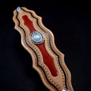Leather cuff wristband : Native Western style bracelet hand shaped tooled, stamped Conchos. Hand made in USA