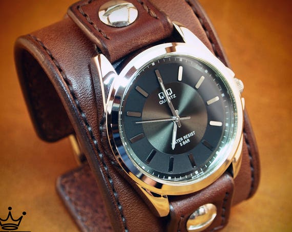 Leather cuff Watch Vintage Chocolate brown bridle leather watchband - handstitched leather watch band Made for YOU in USA by Freddie Matara