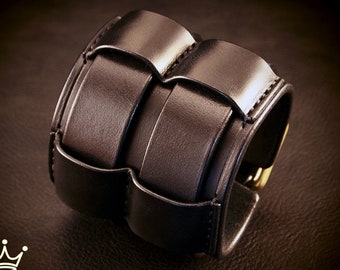 Black Leather cuff Bracelet :Wide Rocker Armband Brass or silver hardware! Custom made for You in New York