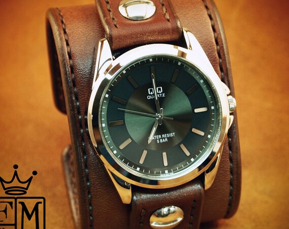Brown Leather cuff Watch : Vintage style American Chocolate bridle leather watchband. Hand stitched and hand crafted in New York!