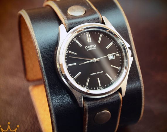 Leather cuff watch Black Unisex vintage style Handmade for YOU in NYC by Freddie Matara!