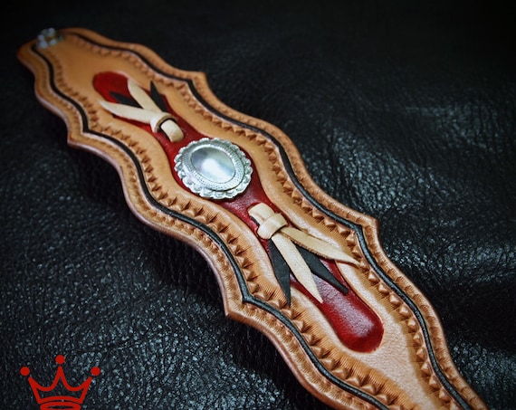 Leather cuff wristband Native Western style hand tooled with kangaroo lace and Conchos handmade for YOU in USA by Freddie Matara
