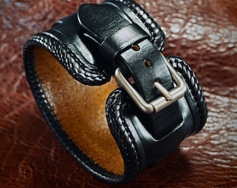 Black Leather Cuff bracelet : hand made in New York with laced braided edge! Sexy and comfortable!