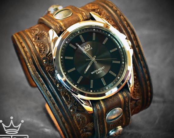 Brown Leather cuff Watch : Vintage tooled western, stamped watch band - Made for YOU in New York by Freddie Matara