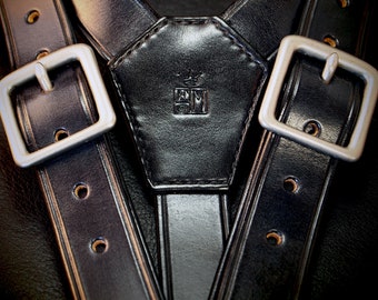 Black Leather suspenders : Hand built for YOU in New York  by Freddie Matara. Fine craftsmanship!