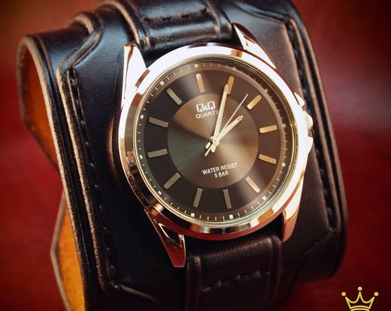 Leather cuff watch Slick Black vintage style 2.5" Wide layered wristband bracelet made in USA for YOU by Freddie Matara!