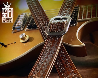 Brown Leather Guitar Strap : Hand Tooled and stamped by hand. Competely Handmade for YOU in New York!