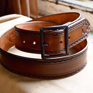 Leather tooled belt made in Brooklyn USA USA