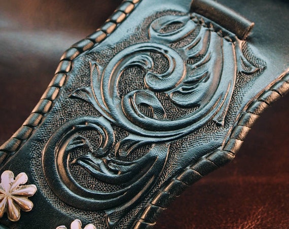 Black Leather Cuff Watchband : Traditional American scrollwork ROCKSTAR Bracelet. Made for YOU in USA!